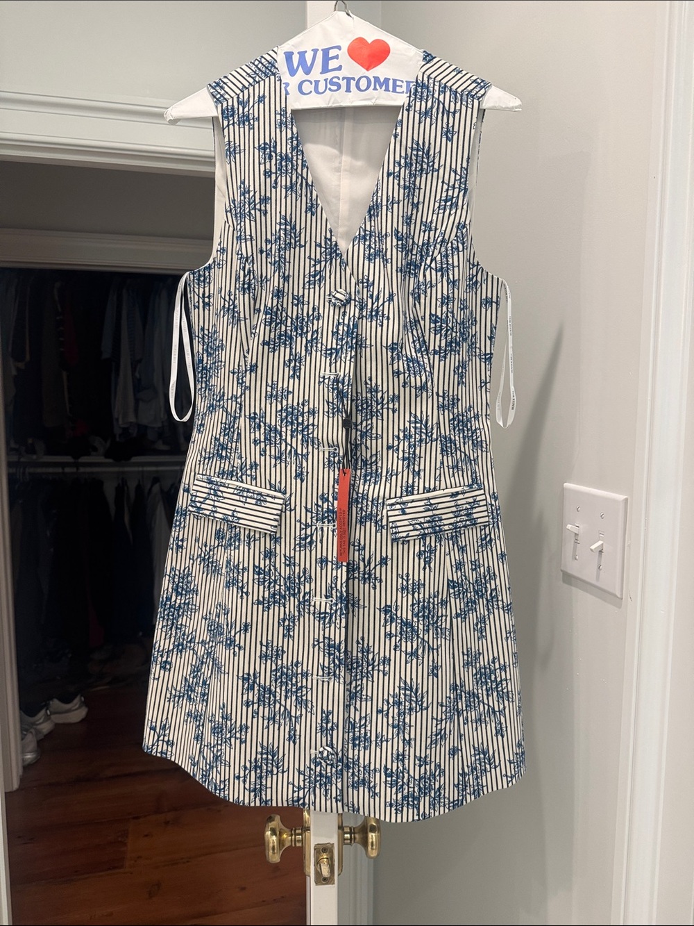 HUNTER BELL Cream and Blue Striped Mini Dress with Floral Print
